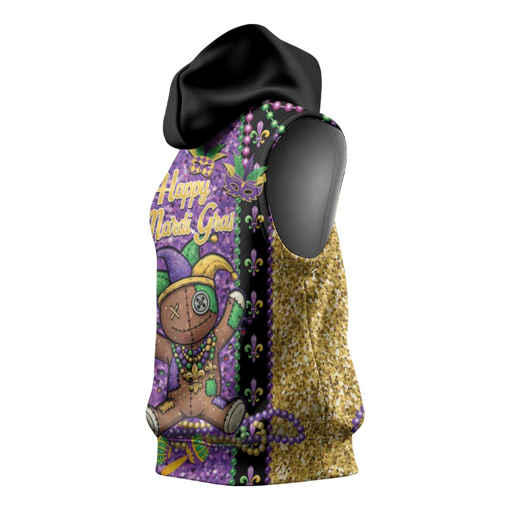 Voodoo Doll Mardi Gras Sleeveless Hoodie Throw Me Something Mister Glitter Effect