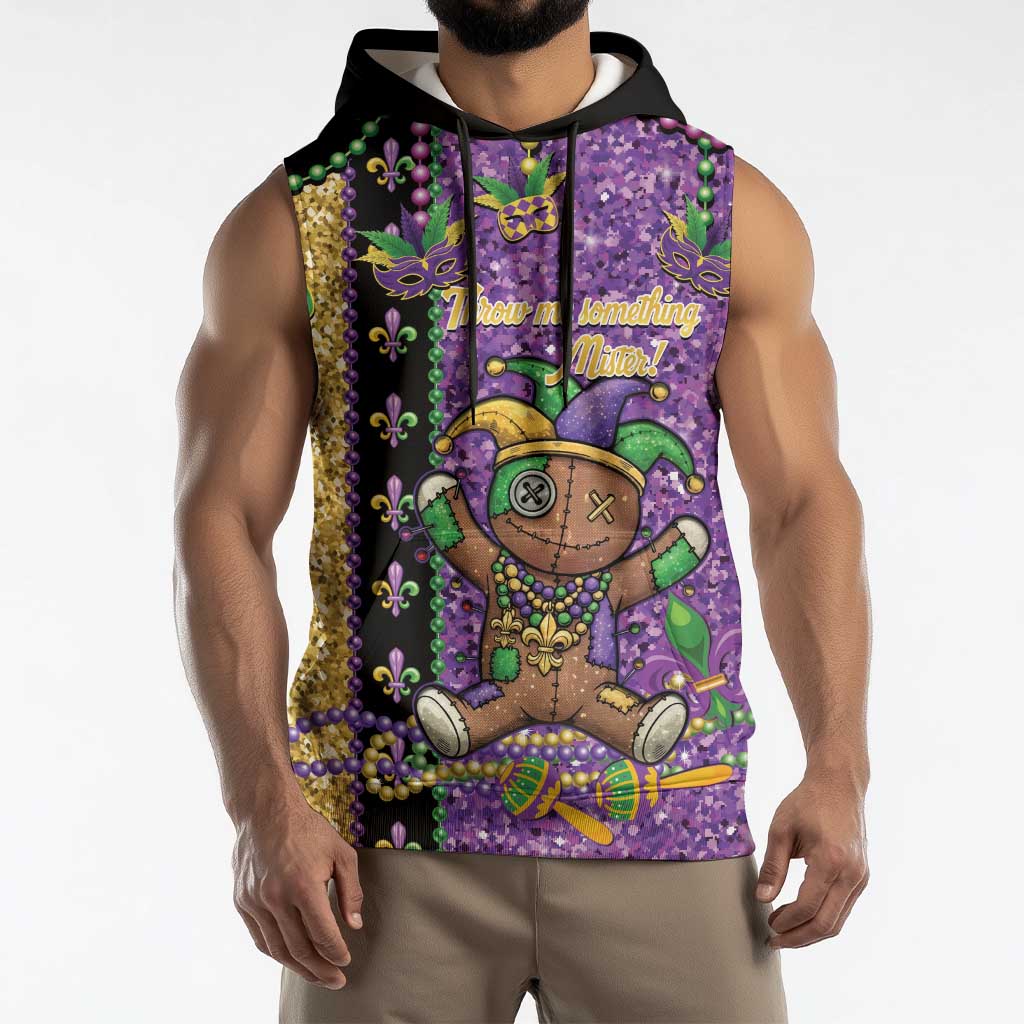 Voodoo Doll Mardi Gras Sleeveless Hoodie Throw Me Something Mister Glitter Effect