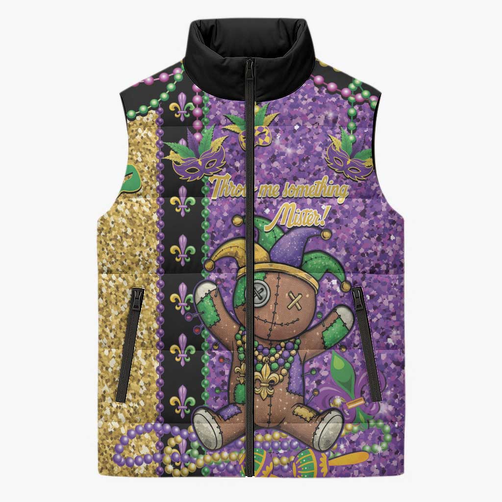 Voodoo Doll Mardi Gras Sleeveless Puffer Jacket Throw Me Something Mister Glitter Effect