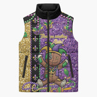 Voodoo Doll Mardi Gras Sleeveless Puffer Jacket Throw Me Something Mister Glitter Effect