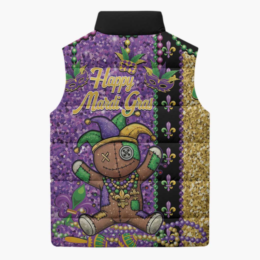 Voodoo Doll Mardi Gras Sleeveless Puffer Jacket Throw Me Something Mister Glitter Effect
