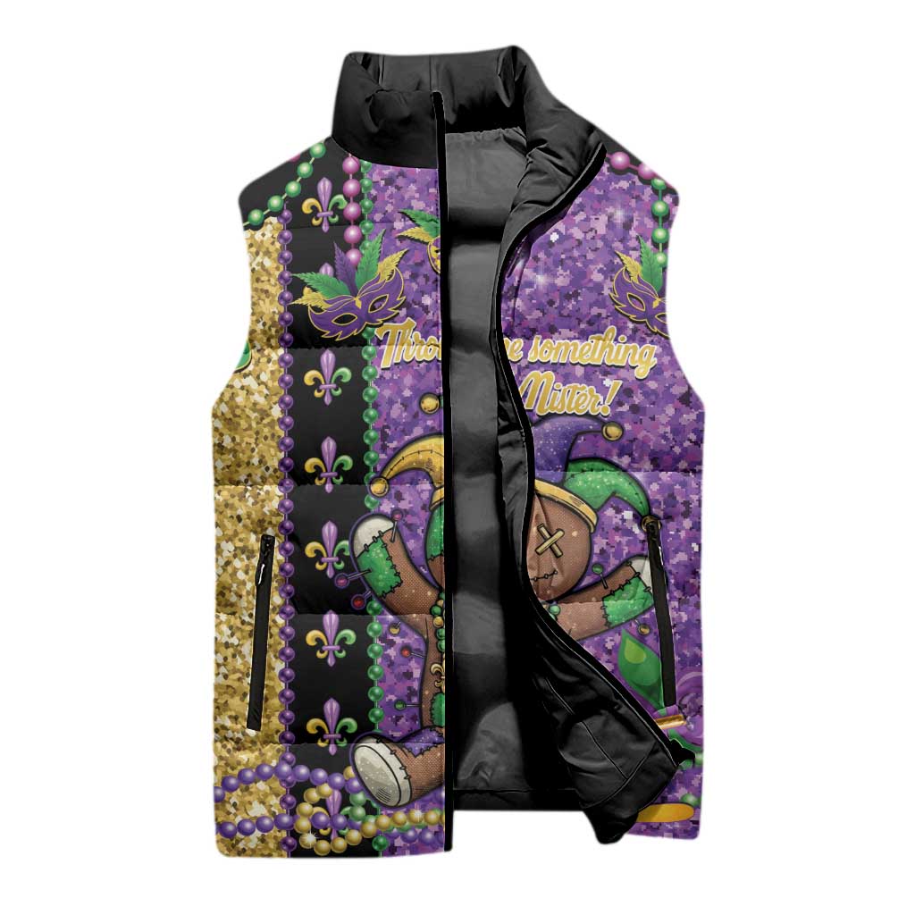Voodoo Doll Mardi Gras Sleeveless Puffer Jacket Throw Me Something Mister Glitter Effect