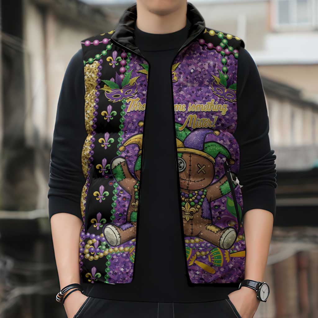 Voodoo Doll Mardi Gras Sleeveless Puffer Jacket Throw Me Something Mister Glitter Effect