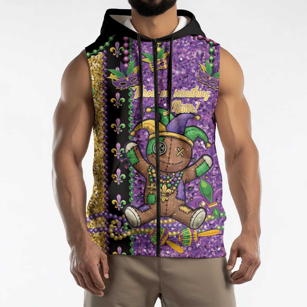 Voodoo Doll Mardi Gras Sleeveless Zip Hoodie Throw Me Something Mister Glitter Effect