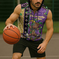 Voodoo Doll Mardi Gras Sleeveless Zip Hoodie Throw Me Something Mister Glitter Effect