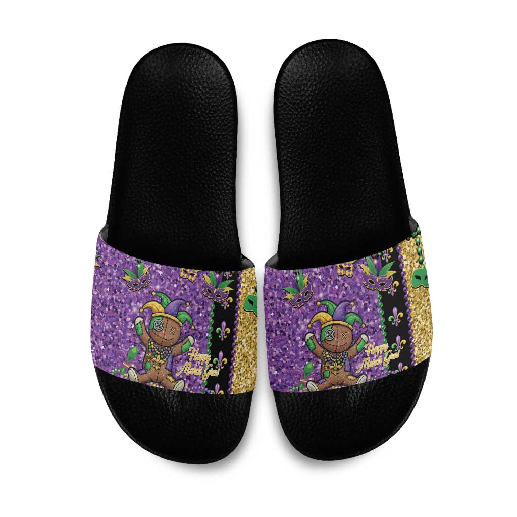 Voodoo Doll Mardi Gras Slide Sandals Throw Me Something Mister Glitter Effect