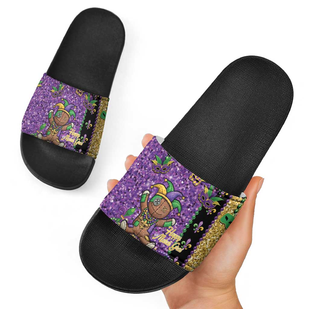 Voodoo Doll Mardi Gras Slide Sandals Throw Me Something Mister Glitter Effect