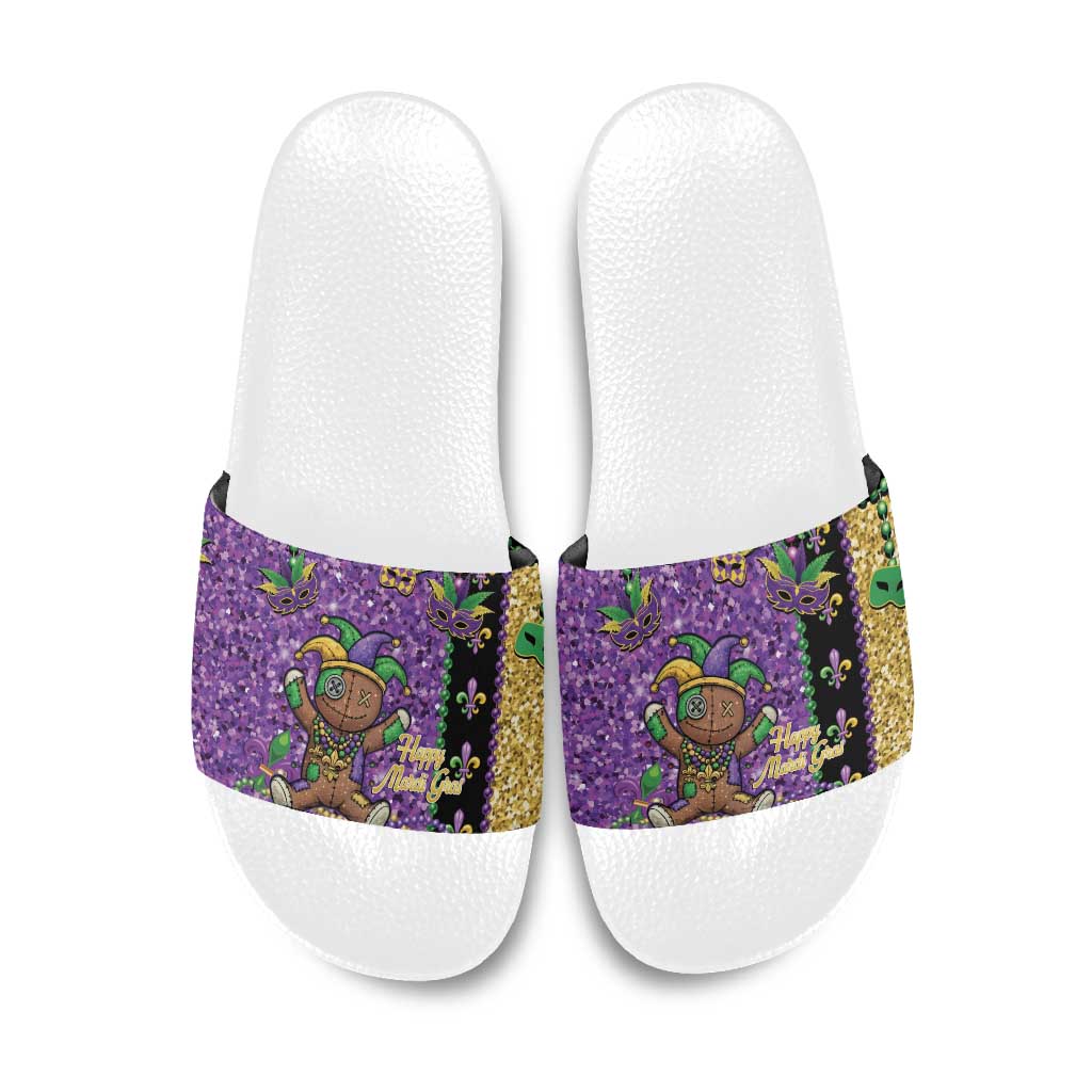 Voodoo Doll Mardi Gras Slide Sandals Throw Me Something Mister Glitter Effect