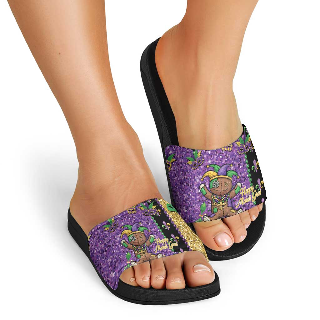 Voodoo Doll Mardi Gras Slide Sandals Throw Me Something Mister Glitter Effect