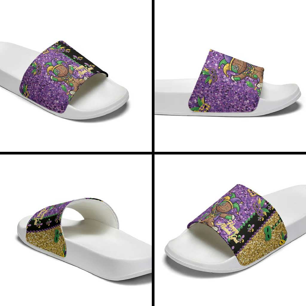Voodoo Doll Mardi Gras Slide Sandals Throw Me Something Mister Glitter Effect