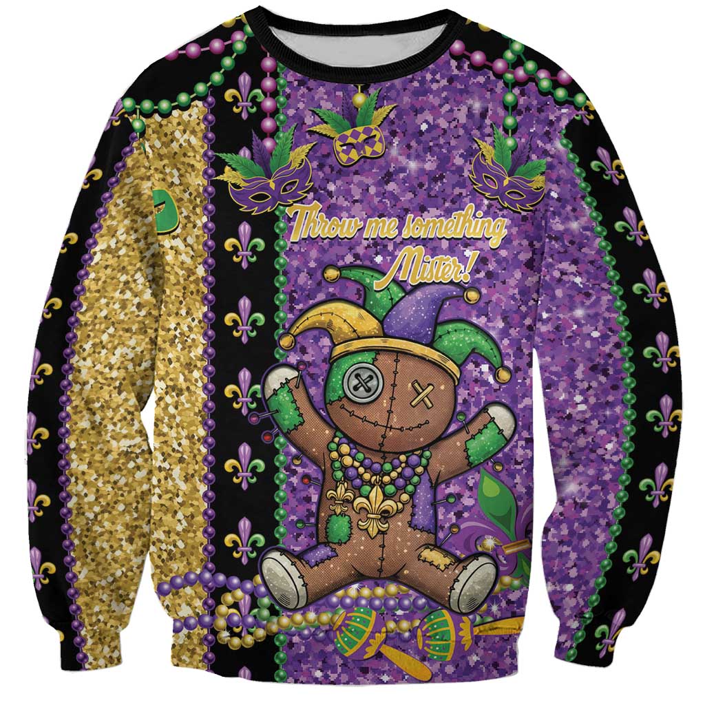 Voodoo Doll Mardi Gras Sweatshirt Throw Me Something Mister Glitter Effect