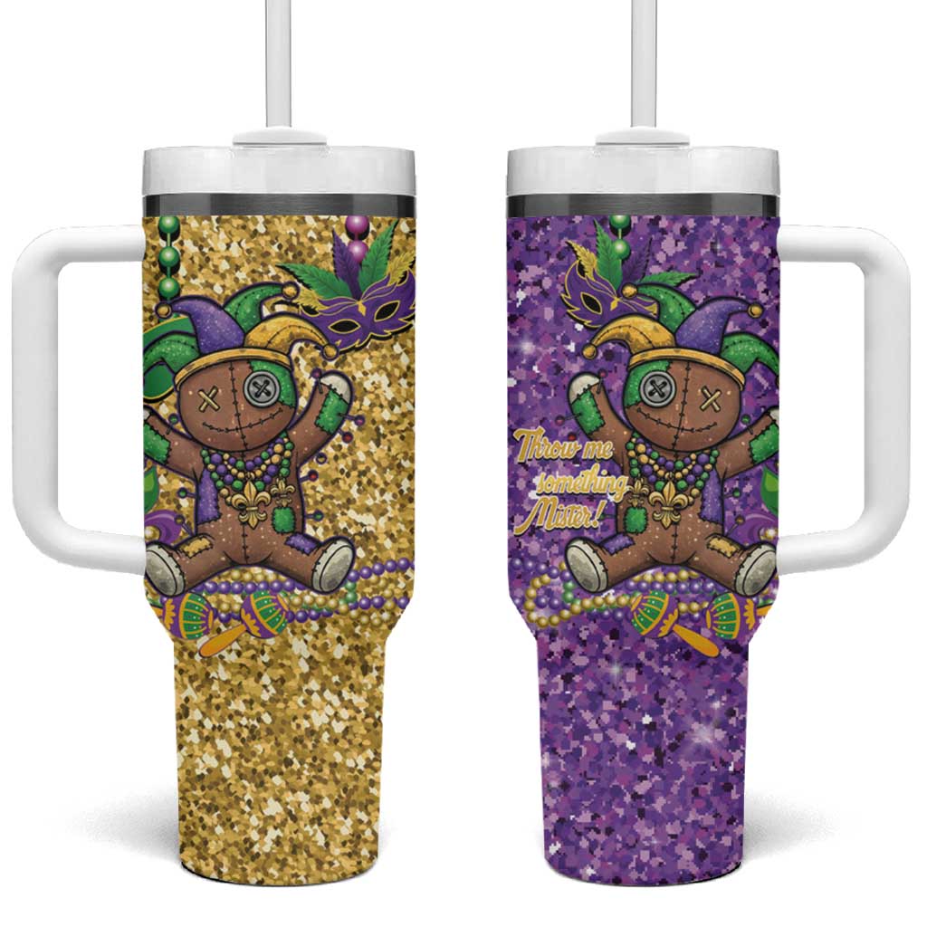 Voodoo Doll Mardi Gras Tumbler With Handle Throw Me Something Mister Glitter Effect