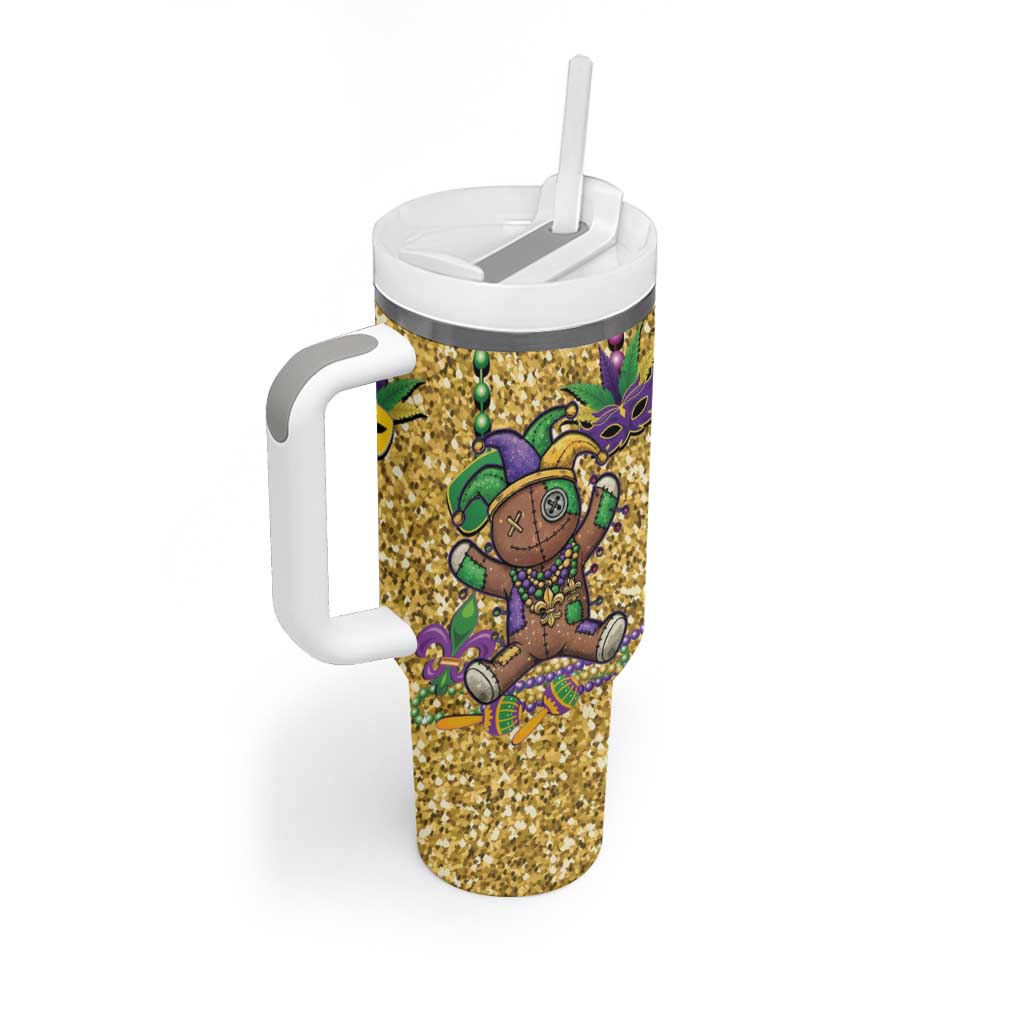 Voodoo Doll Mardi Gras Tumbler With Handle Throw Me Something Mister Glitter Effect