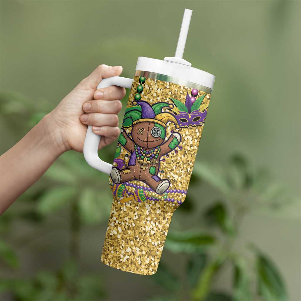 Voodoo Doll Mardi Gras Tumbler With Handle Throw Me Something Mister Glitter Effect