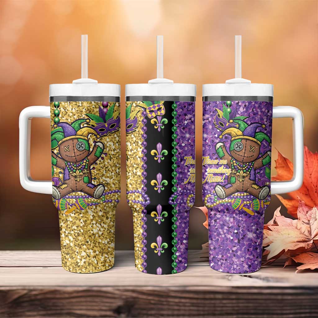 Voodoo Doll Mardi Gras Tumbler With Handle Throw Me Something Mister Glitter Effect