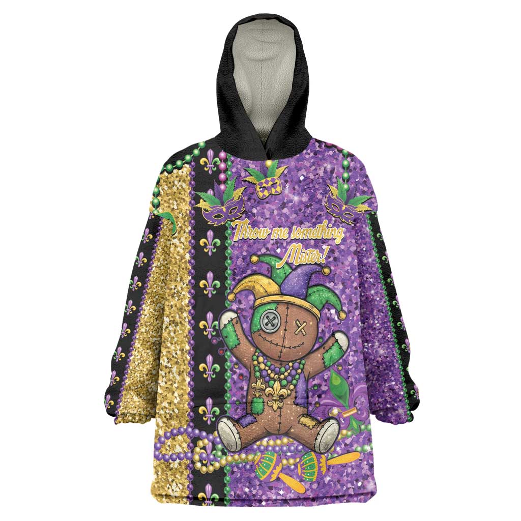Voodoo Doll Mardi Gras Wearable Blanket Hoodie Throw Me Something Mister Glitter Effect