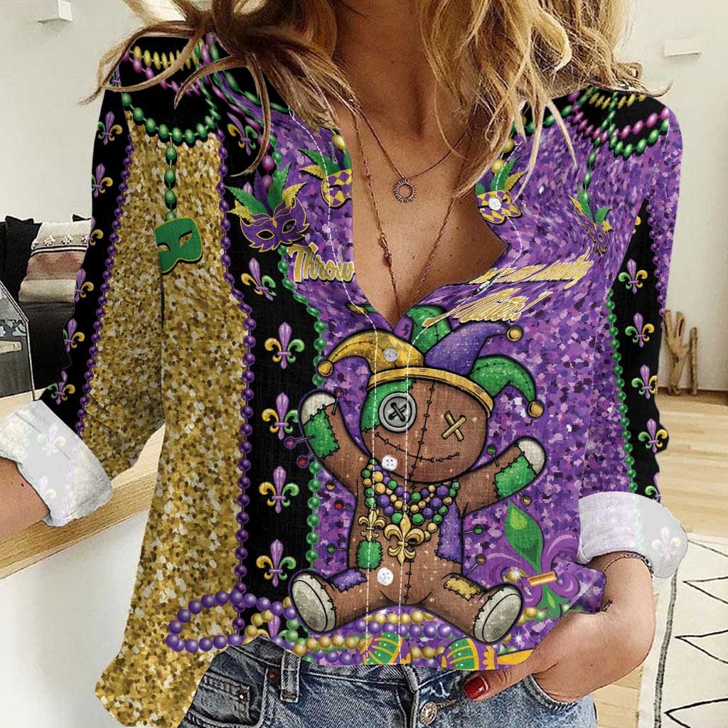 Voodoo Doll Mardi Gras Women Casual Shirt Throw Me Something Mister Glitter Effect