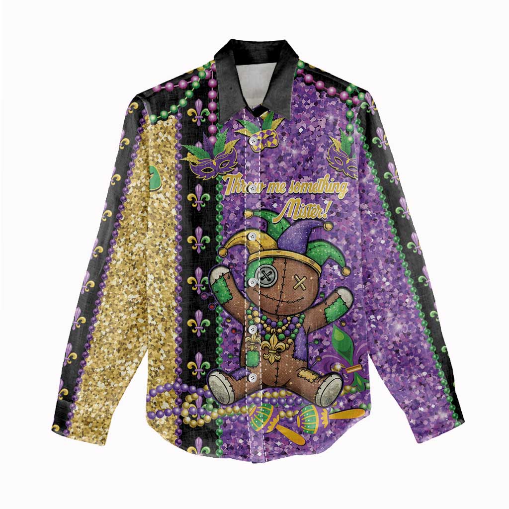 Voodoo Doll Mardi Gras Women Casual Shirt Throw Me Something Mister Glitter Effect