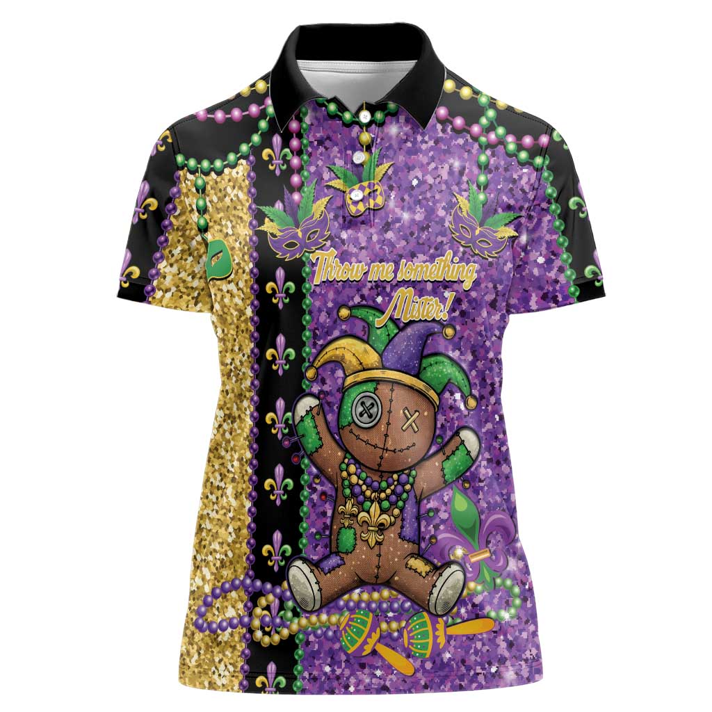 Voodoo Doll Mardi Gras Women Polo Shirt Throw Me Something Mister Glitter Effect