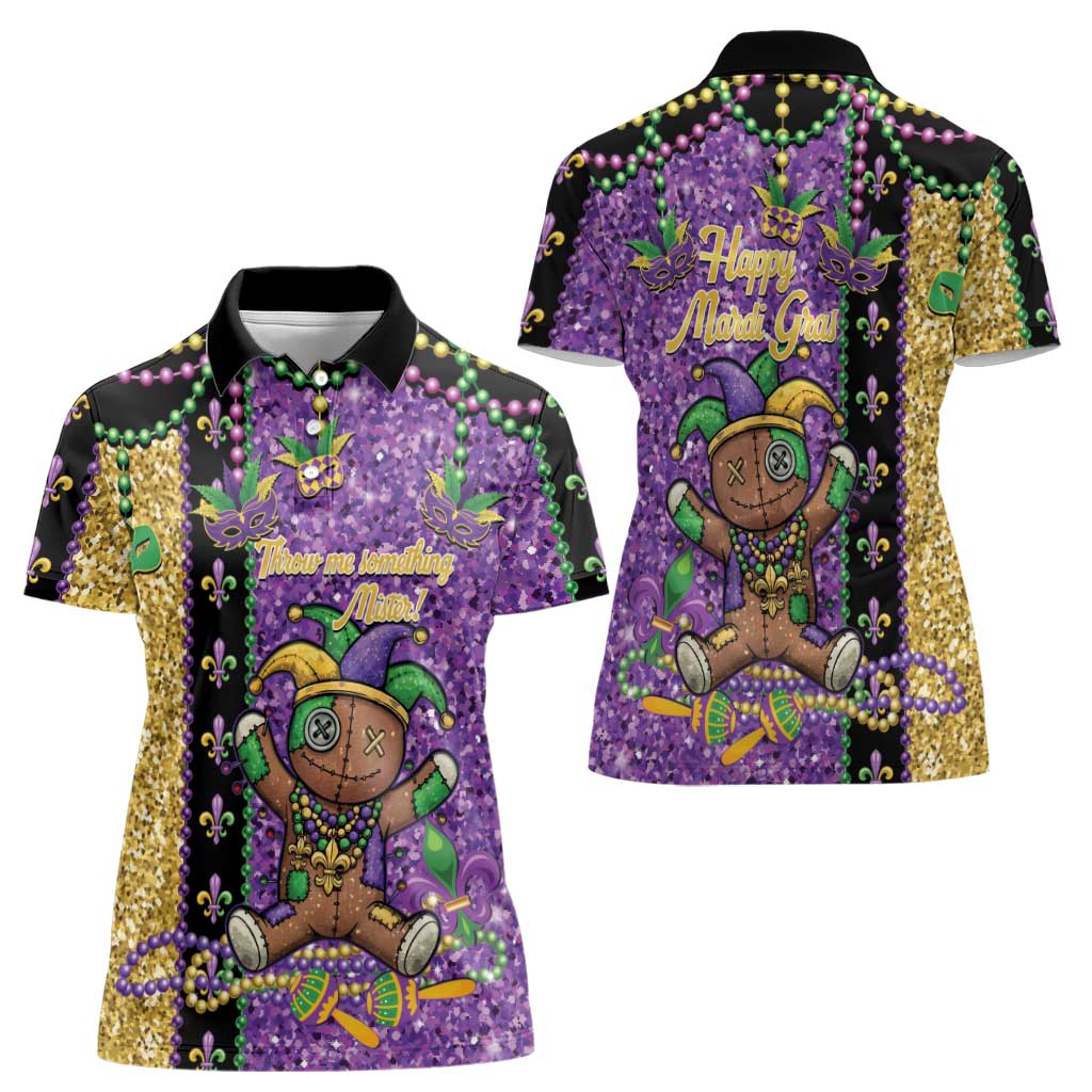 Voodoo Doll Mardi Gras Women Polo Shirt Throw Me Something Mister Glitter Effect