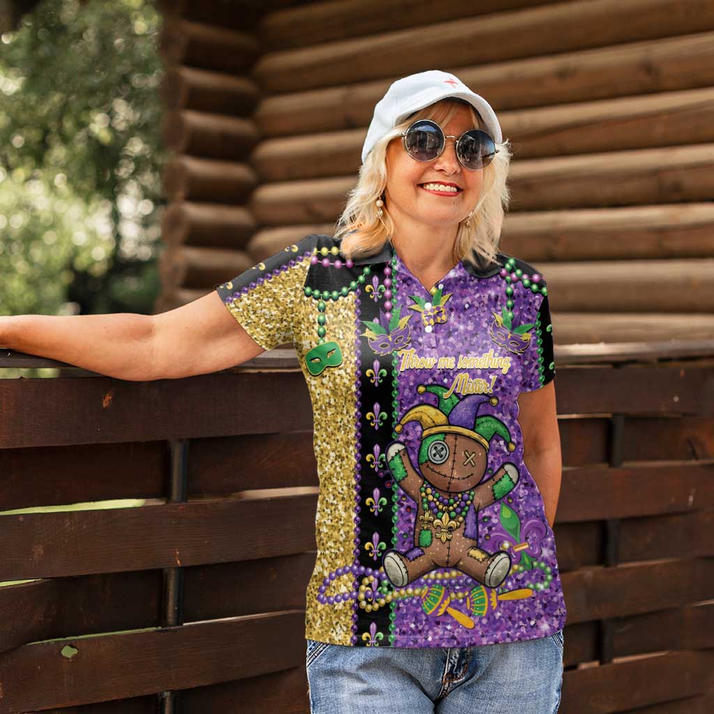 Voodoo Doll Mardi Gras Women Polo Shirt Throw Me Something Mister Glitter Effect