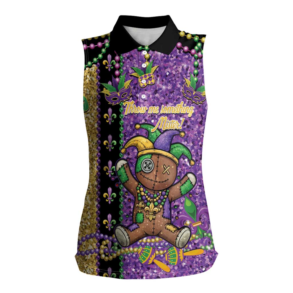 Voodoo Doll Mardi Gras Women Sleeveless Polo Shirt Throw Me Something Mister Glitter Effect