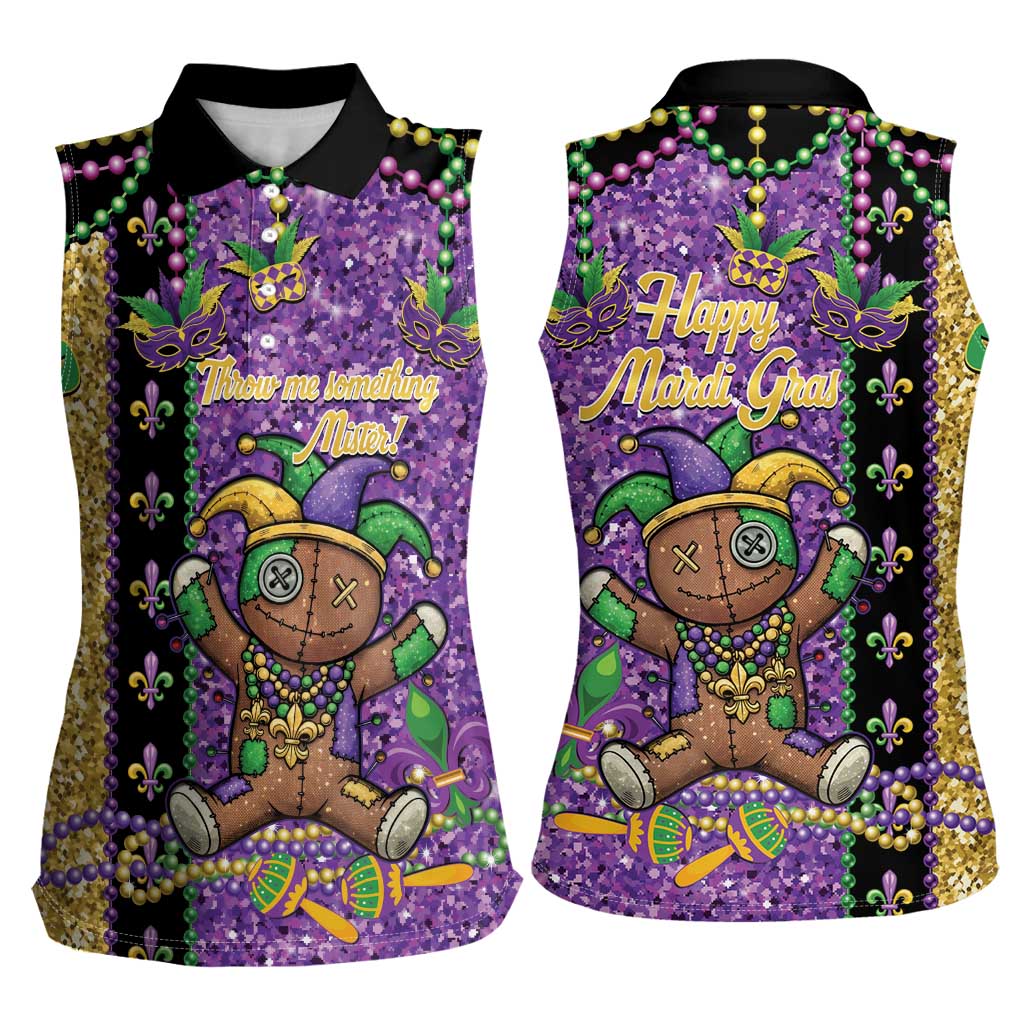Voodoo Doll Mardi Gras Women Sleeveless Polo Shirt Throw Me Something Mister Glitter Effect