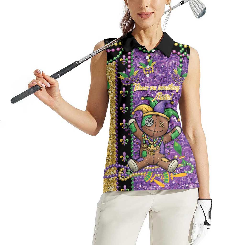 Voodoo Doll Mardi Gras Women Sleeveless Polo Shirt Throw Me Something Mister Glitter Effect