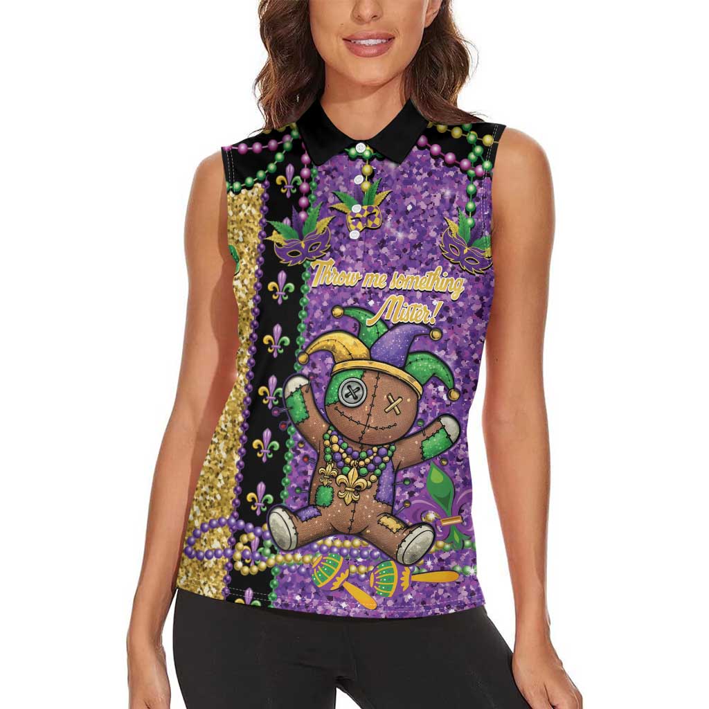 Voodoo Doll Mardi Gras Women Sleeveless Polo Shirt Throw Me Something Mister Glitter Effect