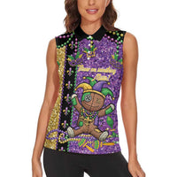 Voodoo Doll Mardi Gras Women Sleeveless Polo Shirt Throw Me Something Mister Glitter Effect