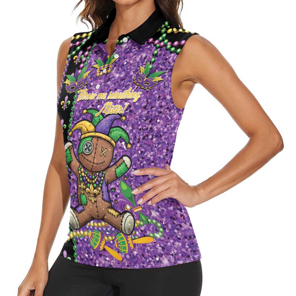 Voodoo Doll Mardi Gras Women Sleeveless Polo Shirt Throw Me Something Mister Glitter Effect