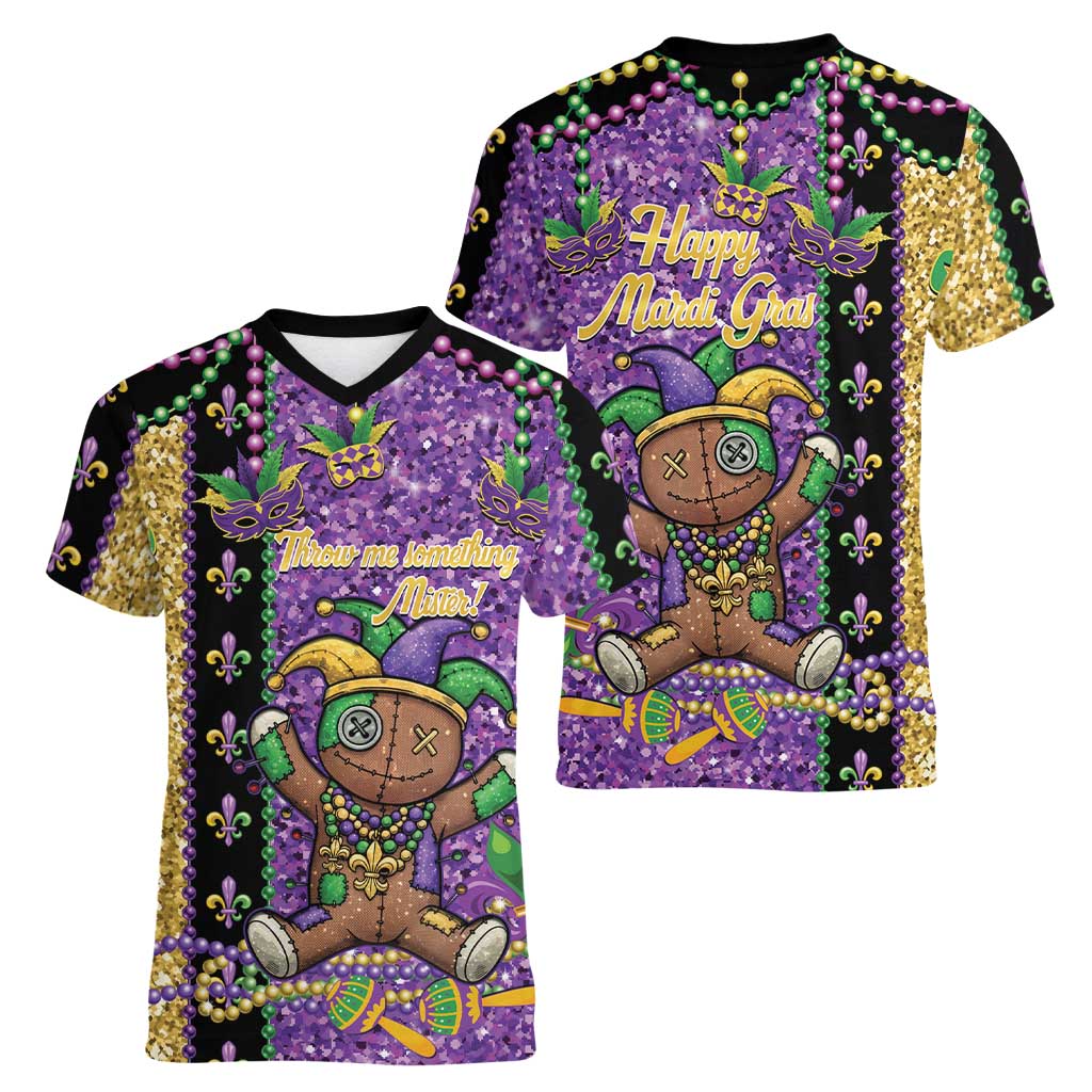 Voodoo Doll Mardi Gras Women V-Neck T-Shirt Throw Me Something Mister Glitter Effect