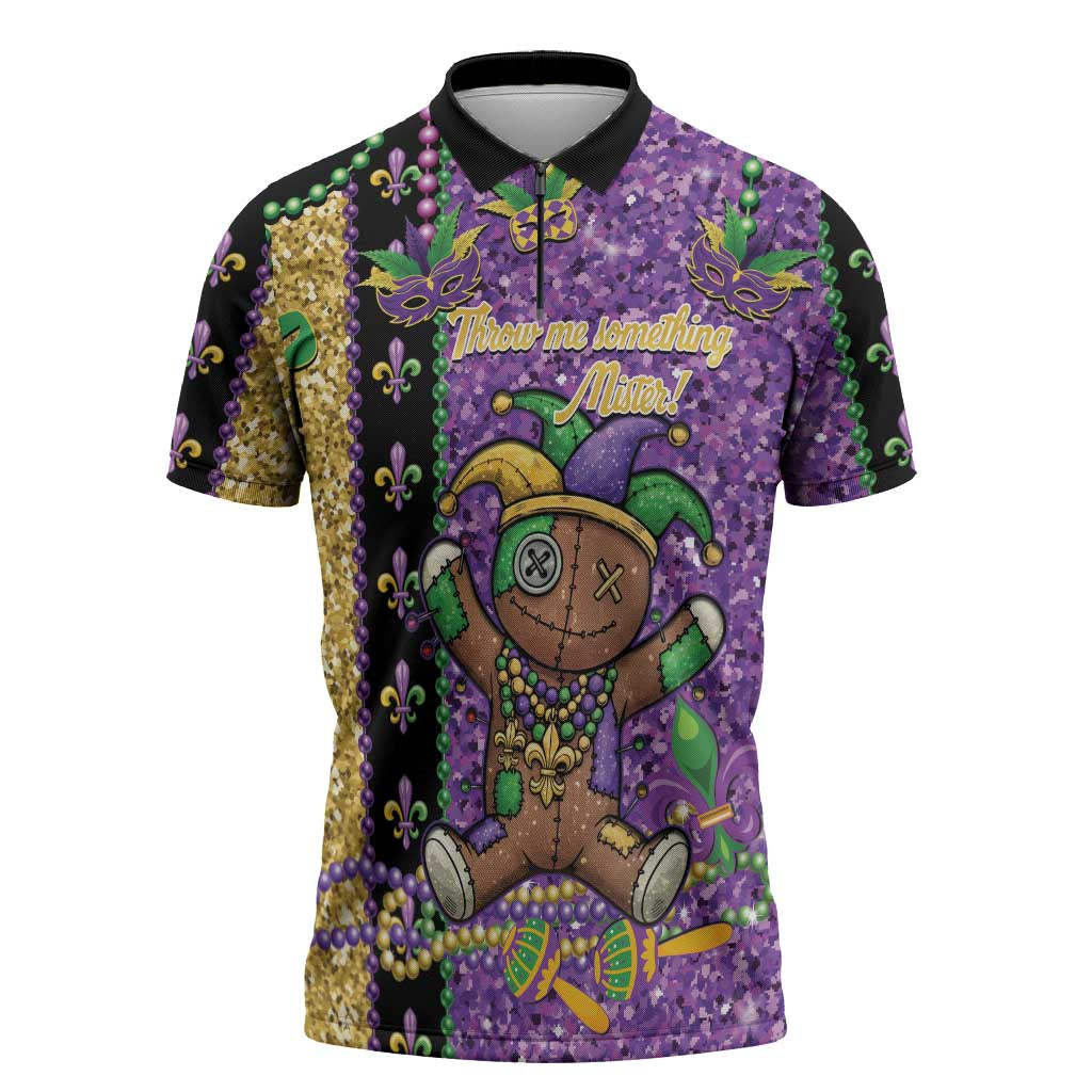 Voodoo Doll Mardi Gras Zipper Polo Shirt Throw Me Something Mister Glitter Effect