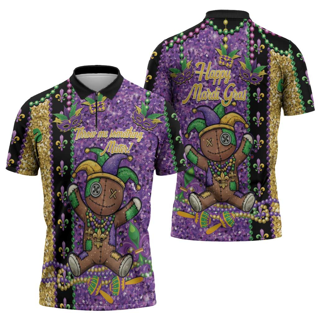 Voodoo Doll Mardi Gras Zipper Polo Shirt Throw Me Something Mister Glitter Effect