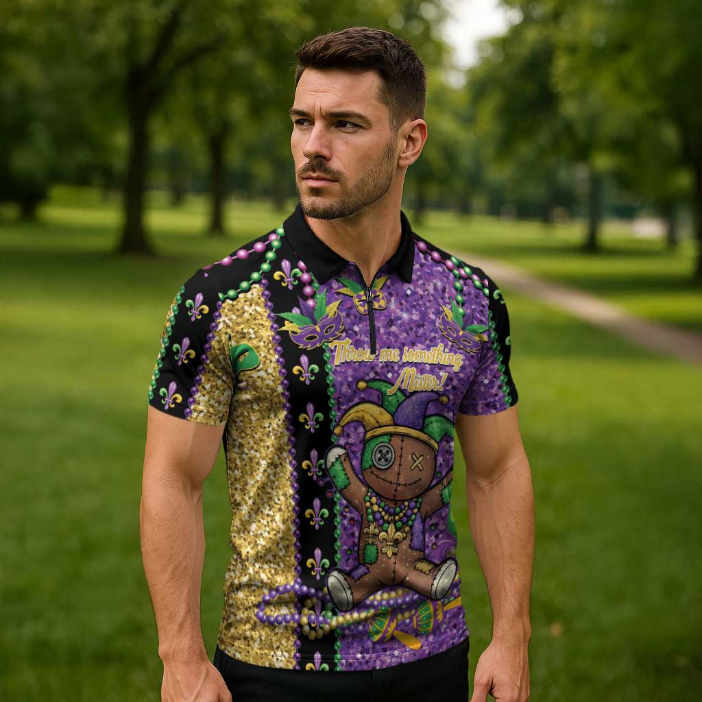 Voodoo Doll Mardi Gras Zipper Polo Shirt Throw Me Something Mister Glitter Effect