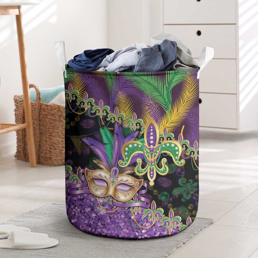 Fleur De Lis Mardi Gras Mask Laundry Basket 504 NOLA Carnival Feathers Glitter Effect