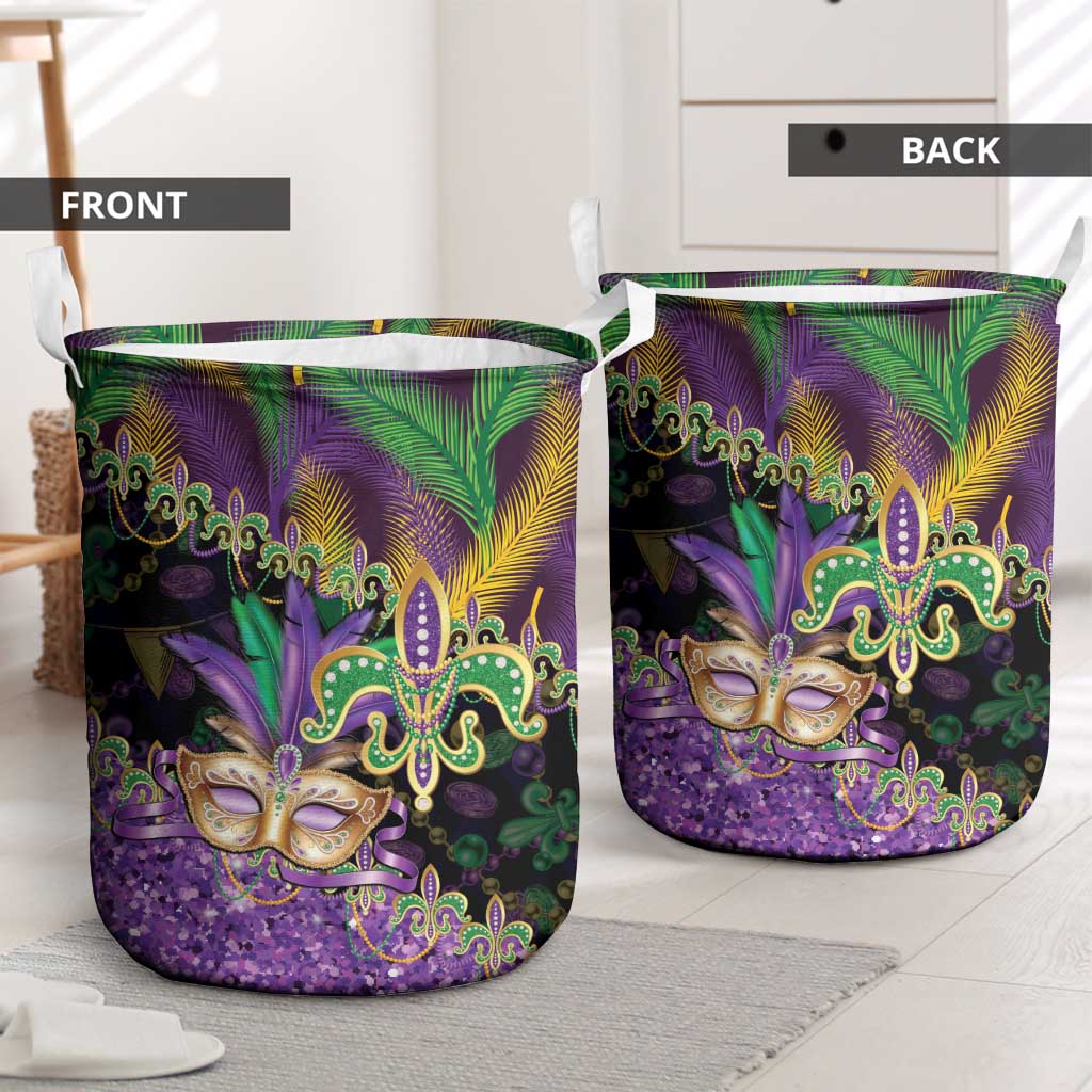 Fleur De Lis Mardi Gras Mask Laundry Basket 504 NOLA Carnival Feathers Glitter Effect