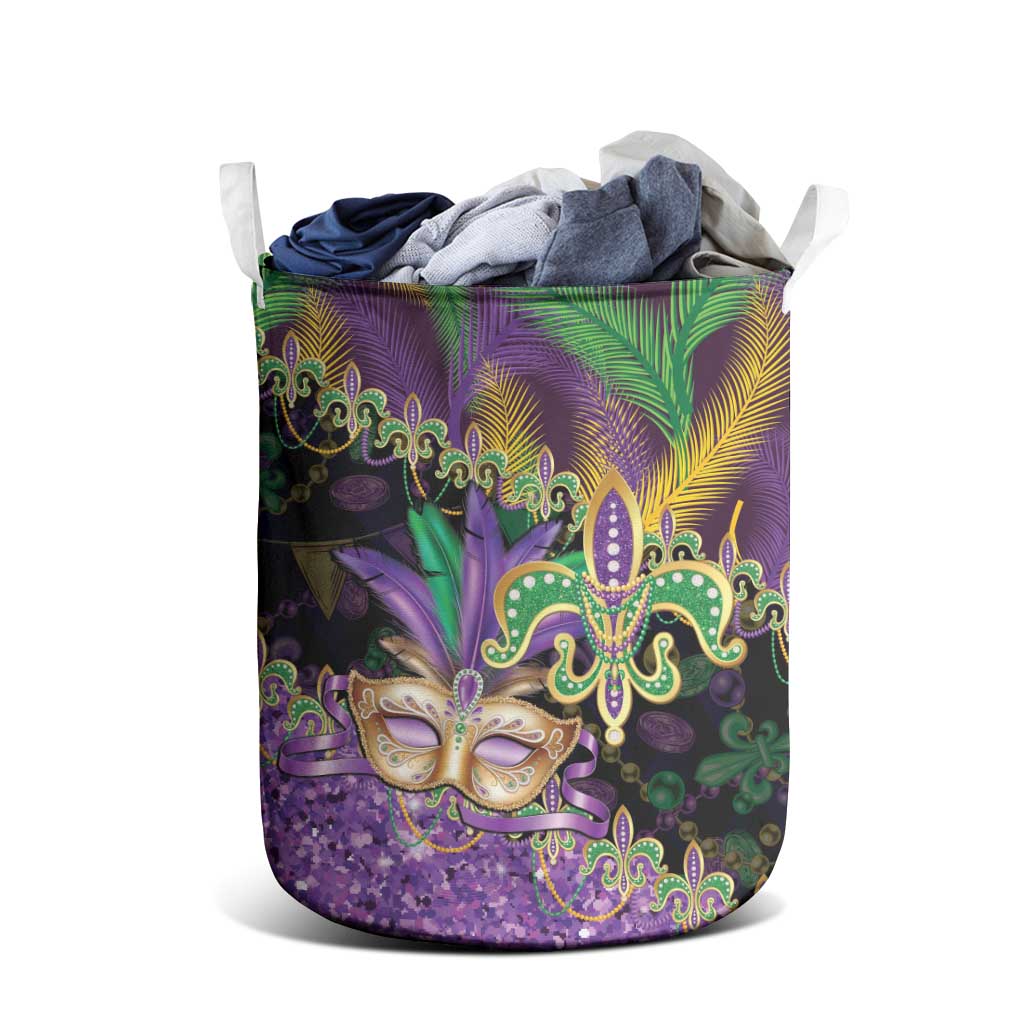Fleur De Lis Mardi Gras Mask Laundry Basket 504 NOLA Carnival Feathers Glitter Effect