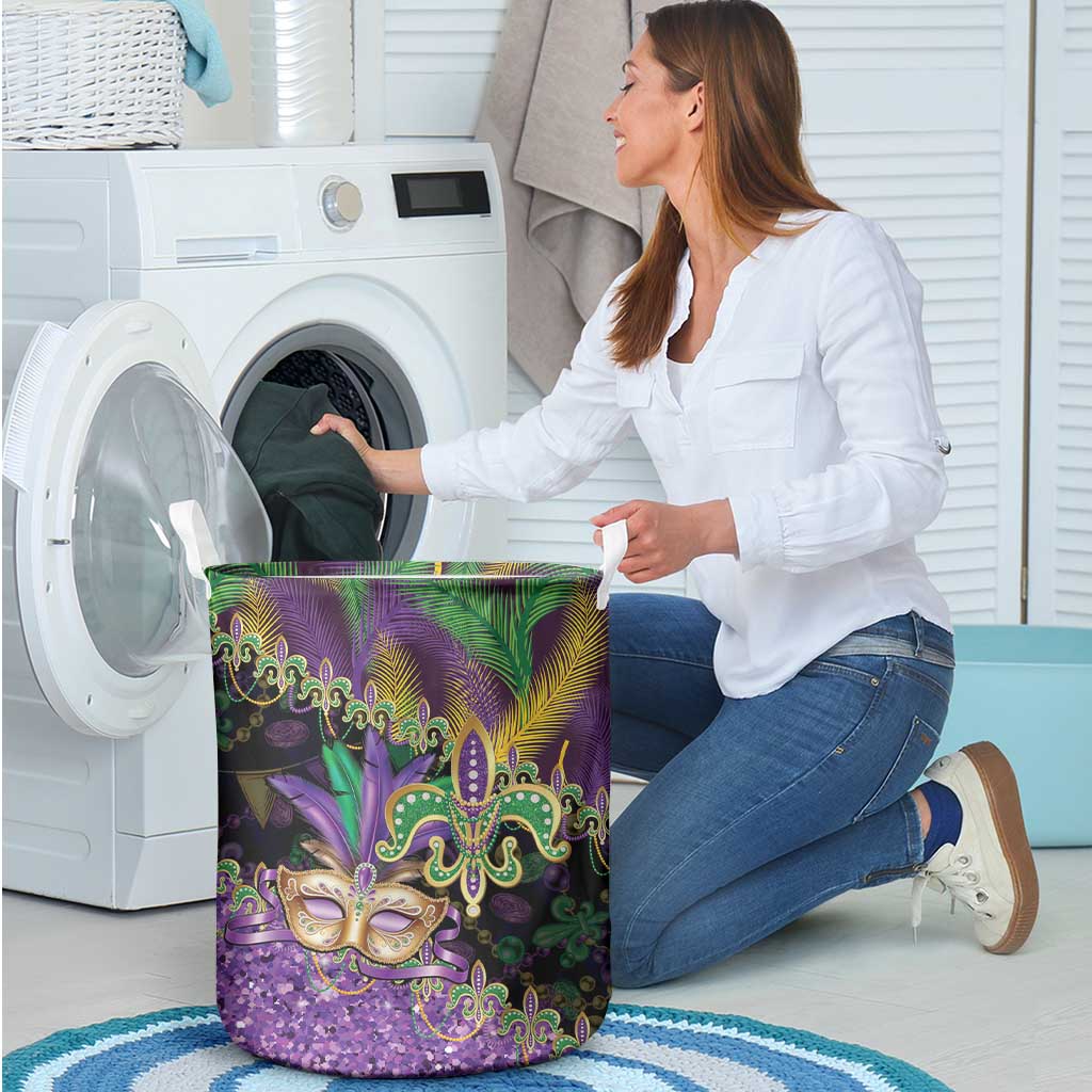 Fleur De Lis Mardi Gras Mask Laundry Basket 504 NOLA Carnival Feathers Glitter Effect