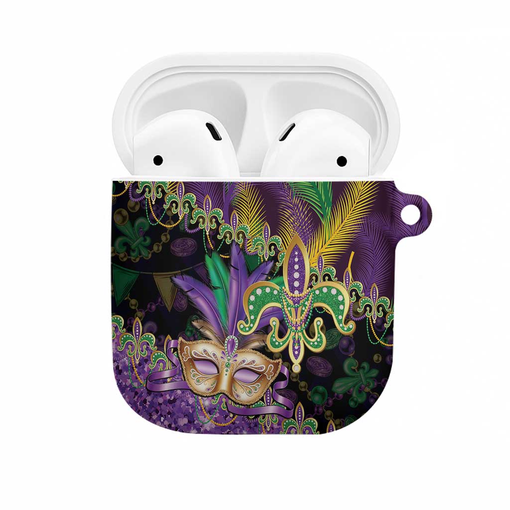 Fleur De Lis Mardi Gras Mask AirPods Case 504 NOLA Carnival Feathers Glitter Effect