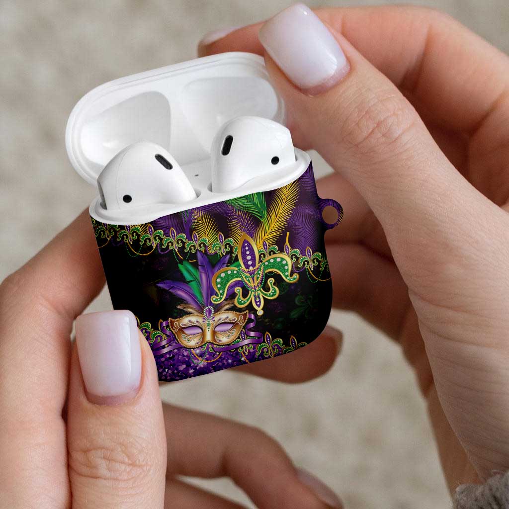Fleur De Lis Mardi Gras Mask AirPods Case 504 NOLA Carnival Feathers Glitter Effect