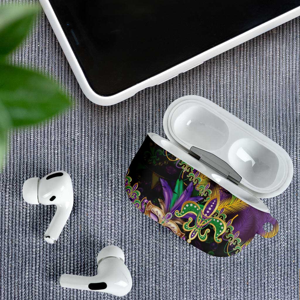 Fleur De Lis Mardi Gras Mask AirPods Case 504 NOLA Carnival Feathers Glitter Effect