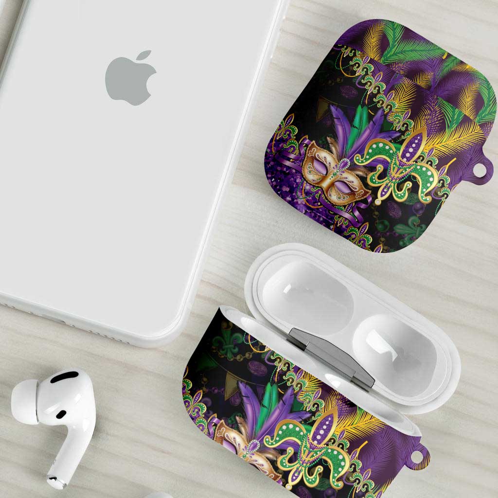 Fleur De Lis Mardi Gras Mask AirPods Case 504 NOLA Carnival Feathers Glitter Effect