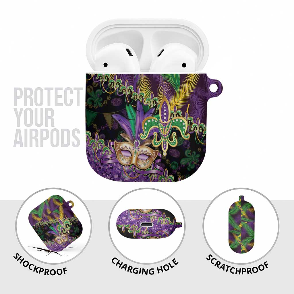 Fleur De Lis Mardi Gras Mask AirPods Case 504 NOLA Carnival Feathers Glitter Effect