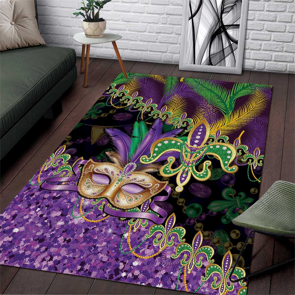 Fleur De Lis Mardi Gras Mask Area Rug 504 NOLA Carnival Feathers Glitter Effect