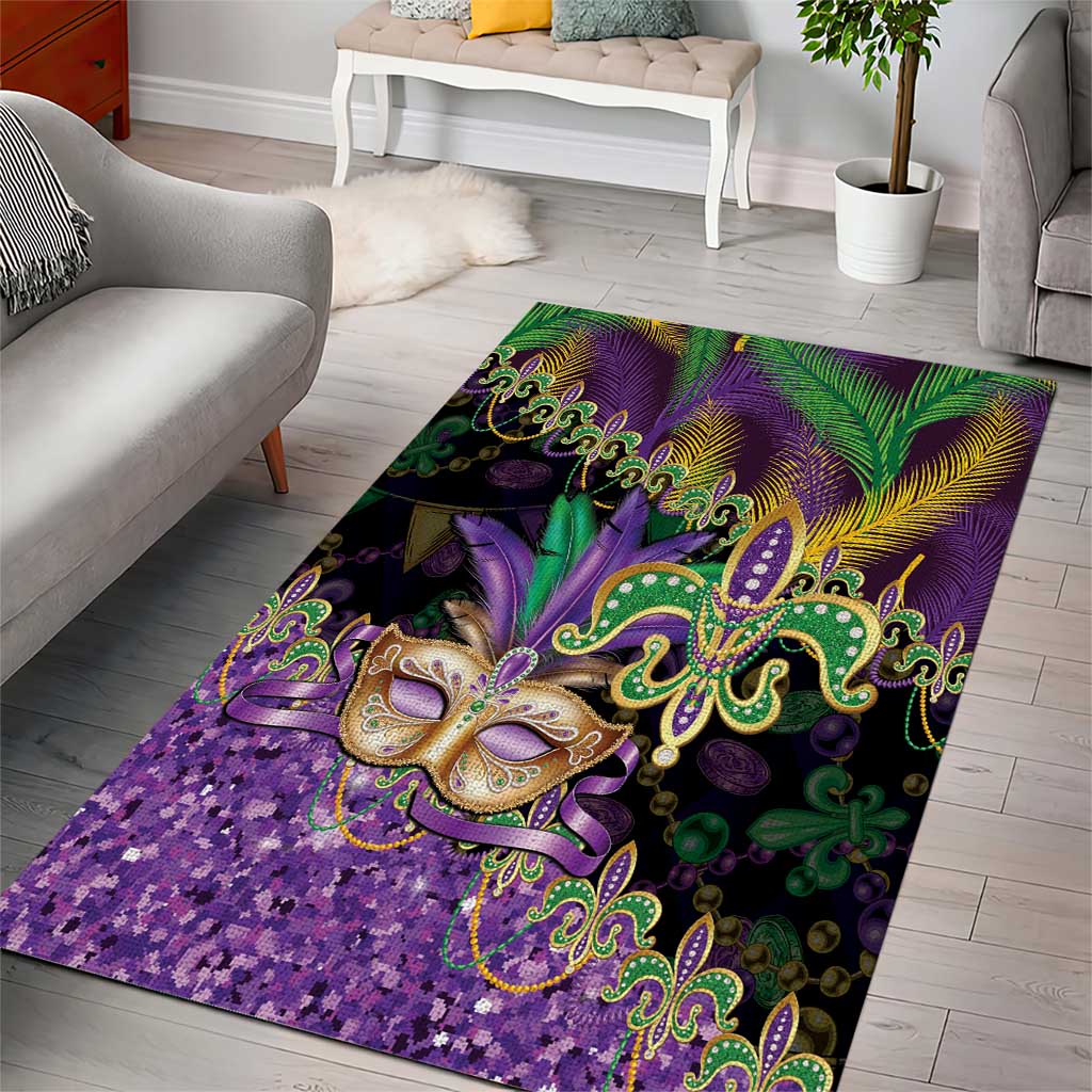 Fleur De Lis Mardi Gras Mask Area Rug 504 NOLA Carnival Feathers Glitter Effect
