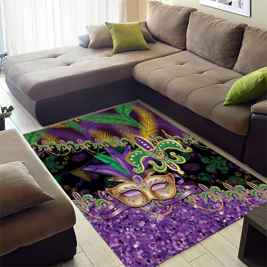 Fleur De Lis Mardi Gras Mask Area Rug 504 NOLA Carnival Feathers Glitter Effect