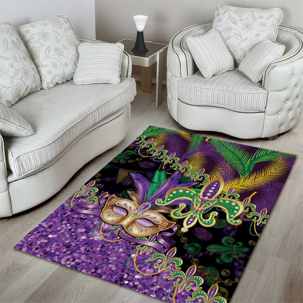 Fleur De Lis Mardi Gras Mask Area Rug 504 NOLA Carnival Feathers Glitter Effect