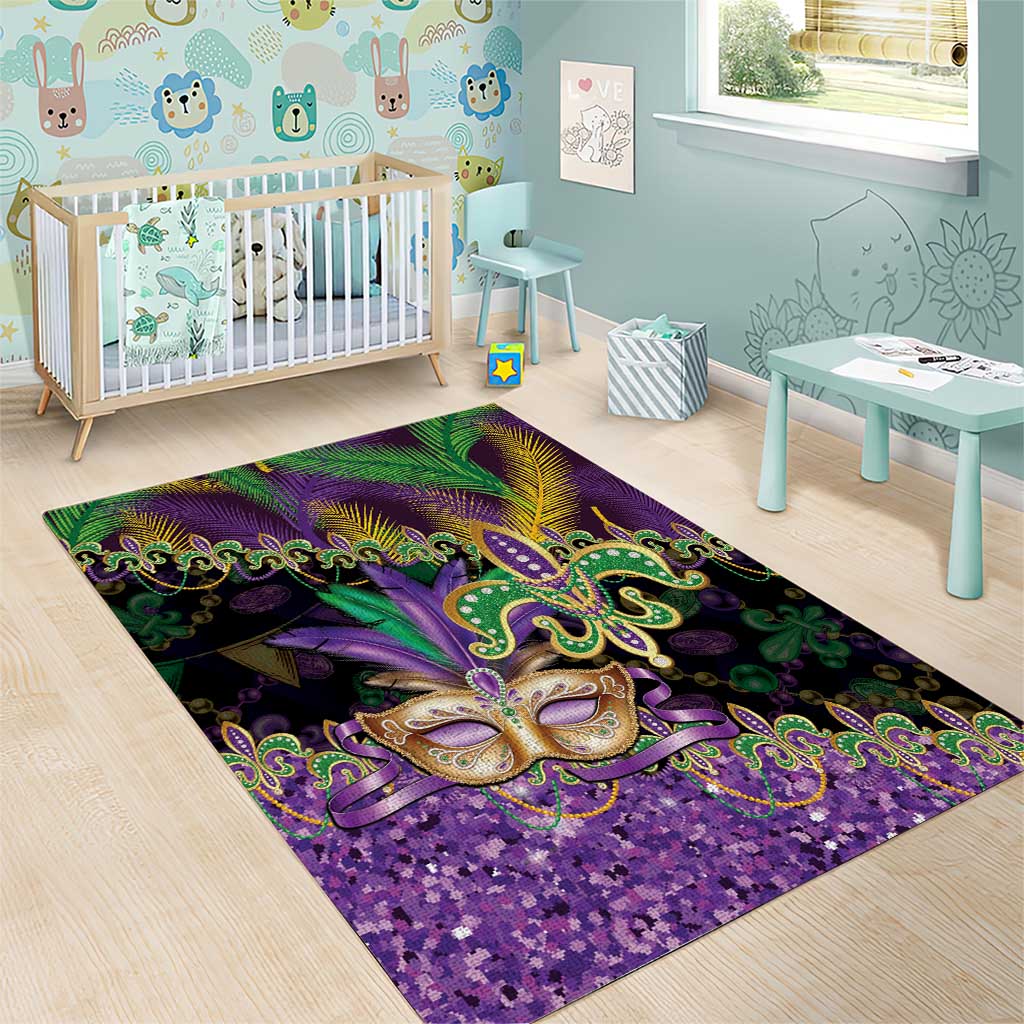 Fleur De Lis Mardi Gras Mask Area Rug 504 NOLA Carnival Feathers Glitter Effect