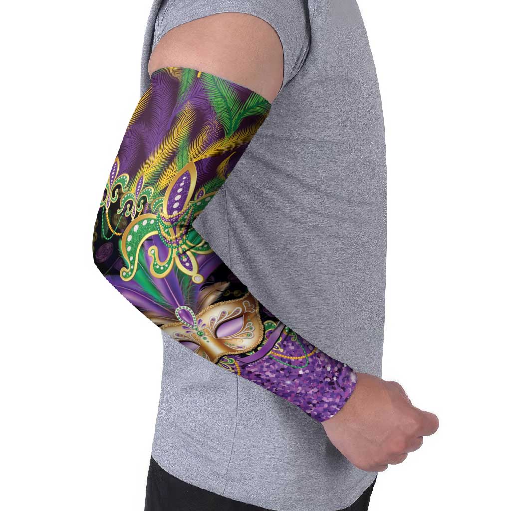 Fleur De Lis Mardi Gras Mask Arm Sleeves 504 NOLA Carnival Feathers Glitter Effect